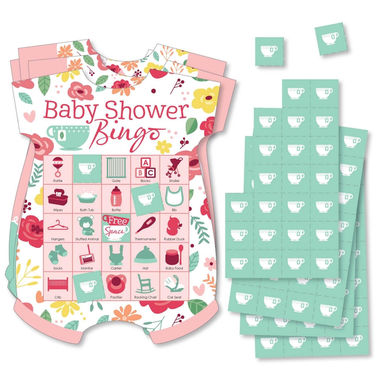 Big Dot of Happiness Floral Let's Par-Tea - Picture Bingo Cards and Markers - Garden Tea Party Baby Shower Shaped Bingo Game - Set of 18